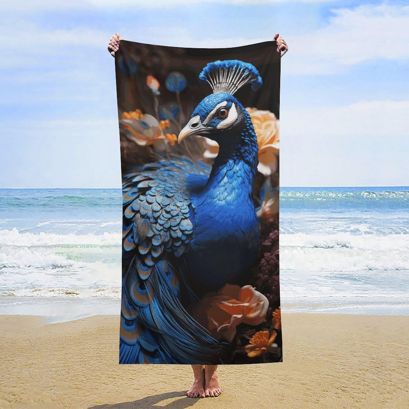 NTVOWPZO Blue Peacock Beach Towel Oversized Microfiber Bath Towels Lightweight Sand Proof Beach Towels Absorbent Pool Towels for Swimming Yoga Bathroom Towel 31.5" X 63"