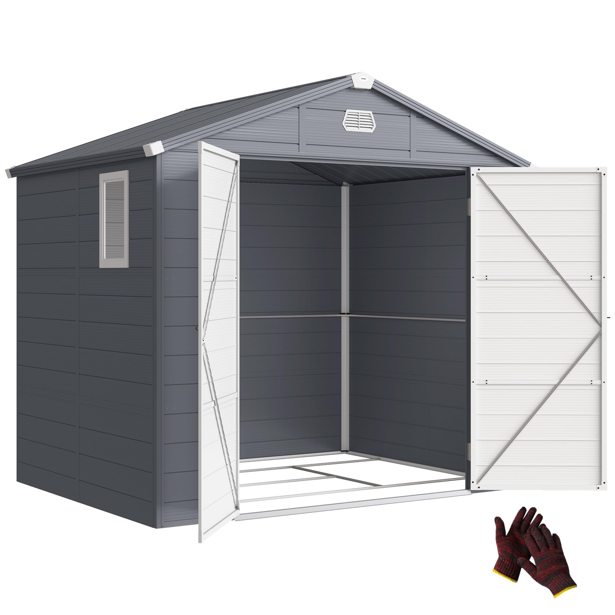 Outsunny Gerätehaus 4,1 m³, Gartenhaus mit Pultdach, 240 x 190 x 180/228 cm, Schütschuppen mit Abschließbar Tür, Fenster, Fahrradgark aus Aluminium, für Hinterhof, Garten, Grau