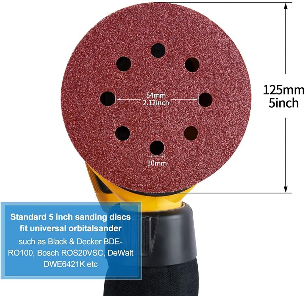 10 dischi abrasivi a 8 fori da 12,7 cm, 125 mm, per levigatrice orbitale casuale, fogli abrasivi a grana 40-3000, 60