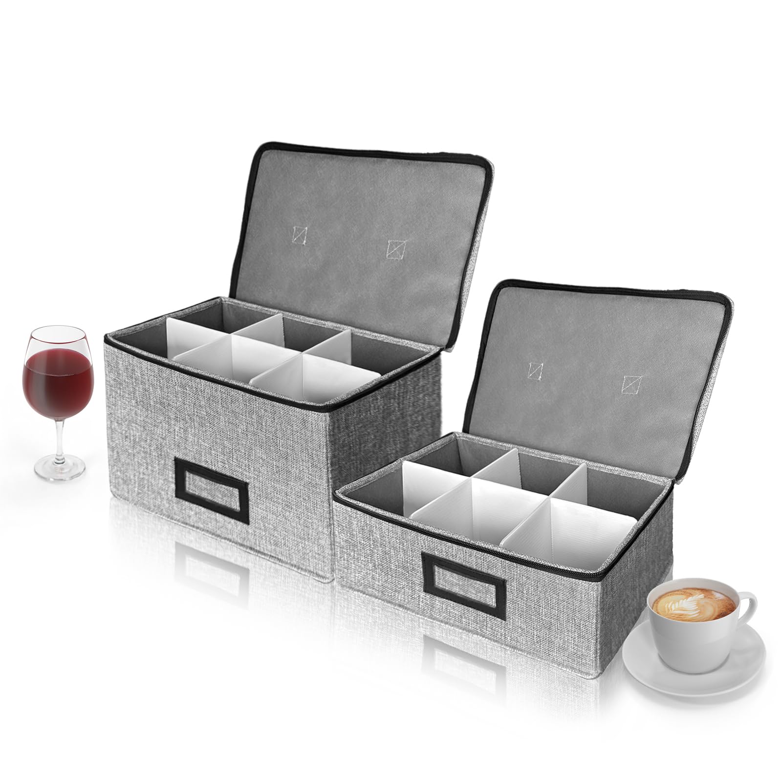 HURZMORO Stemware Storage Cases, Wine Glass Storage Box Containers for Glassware or Crystal, Holds 6 Red or White Glasses, Hard Top and Sides (Grey, Mug and Wine Glass Storage Box, 6 Compartments)