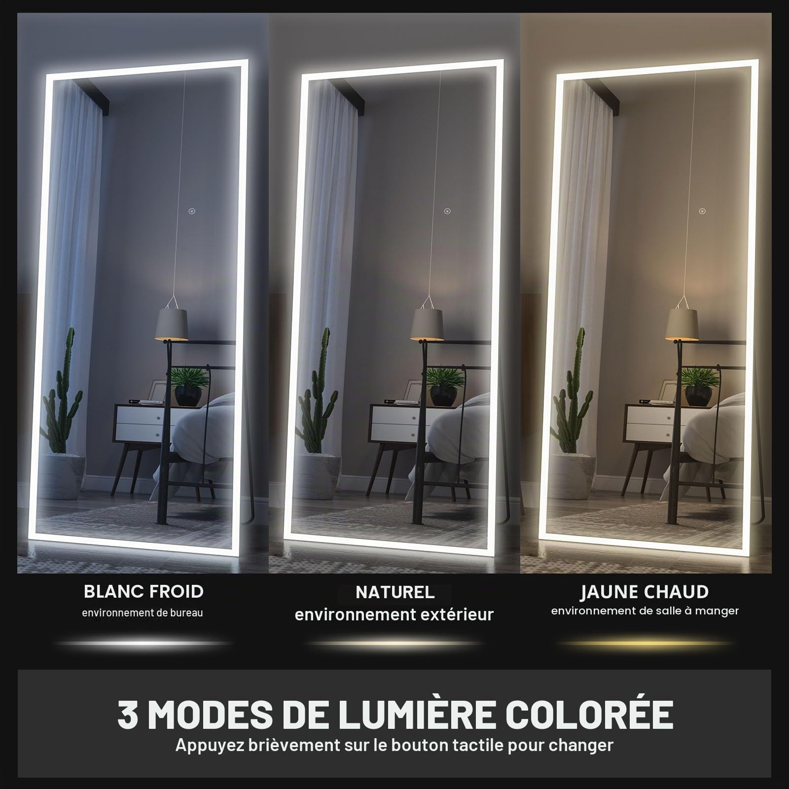 Calissando Miroir sur Pied Pleine Longueur avec Lumière LED 165 x 61 cm Blanc