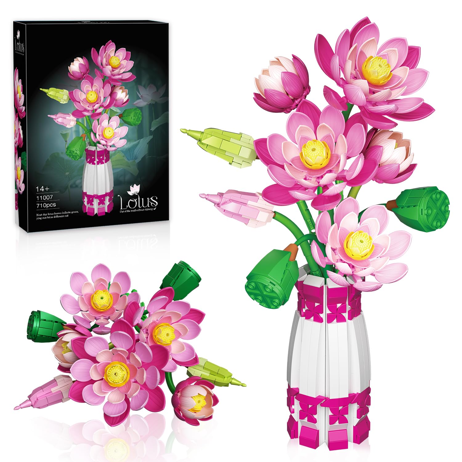 Set Botánical de Flores de Loto con Jarrón, Compatible con la Colección Botánical de Flores de Lego, Ramo de Flores Artificiales Rosas con Jarrón para Interiores y Exteriores, 710 Piezas