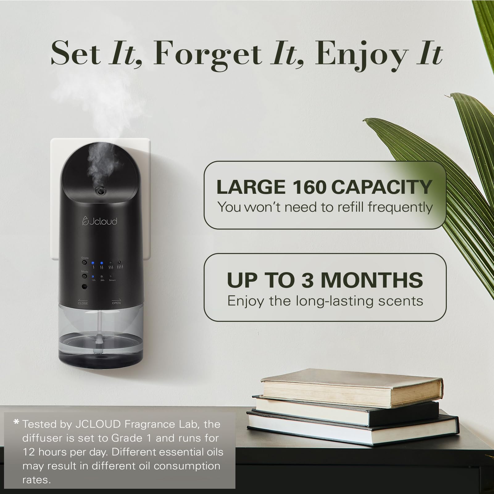JCLOUD Diffusore Plug in per oli essenziali, diffusore di profumo senz'acqua fino a 500 mq. per casa, ufficio, spa, diffusore portatile da parete intelligente 160 ml, nero