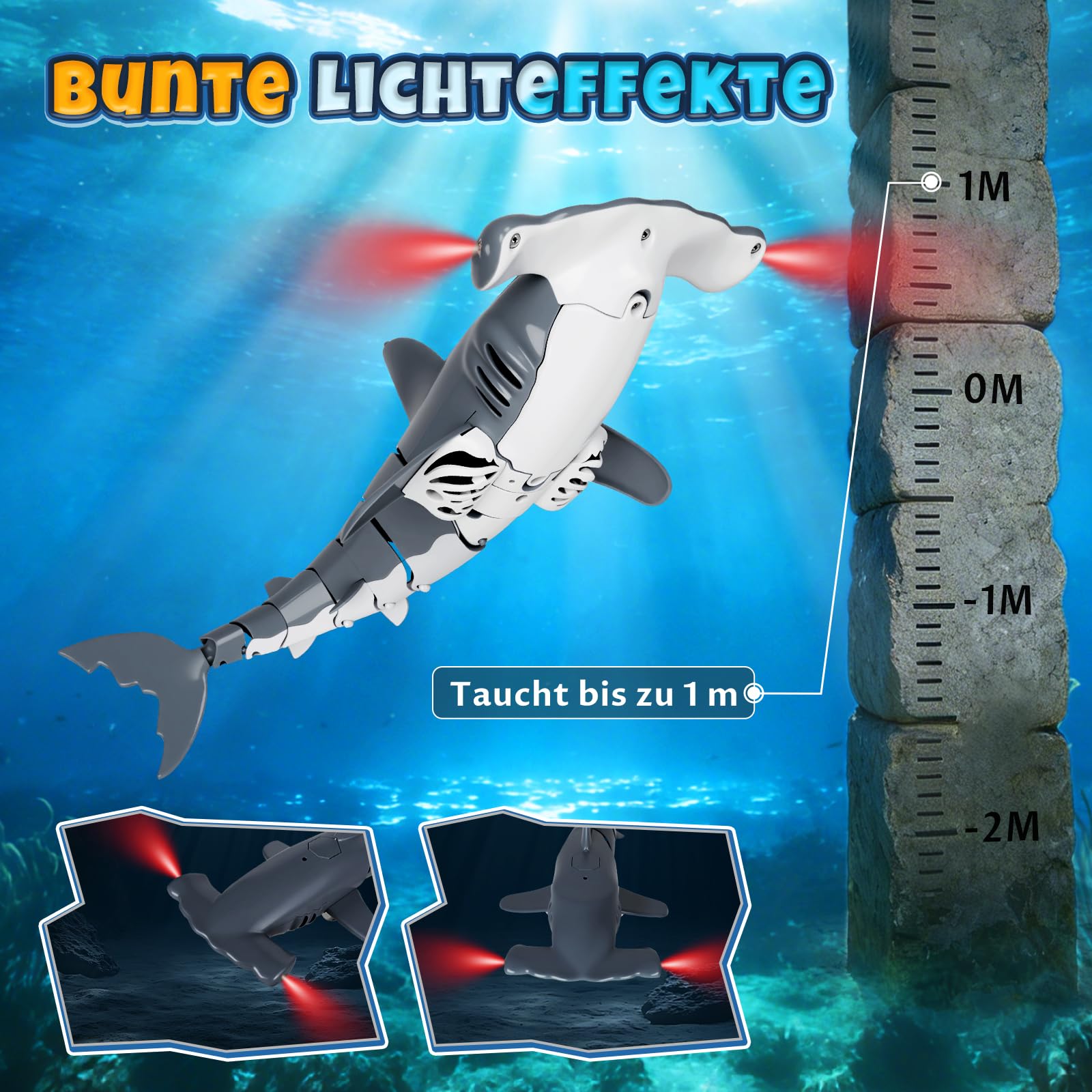 Ferngesteuerter Hai mit Tauchfunktion, 2.4GHz RC Hai mit LED-Licht, Unterwasser-Hai Spielzeug für Pool & Badewanne, Geschenk für Kinder ab 6 Jahren Jungen & Mädchen (Grau)