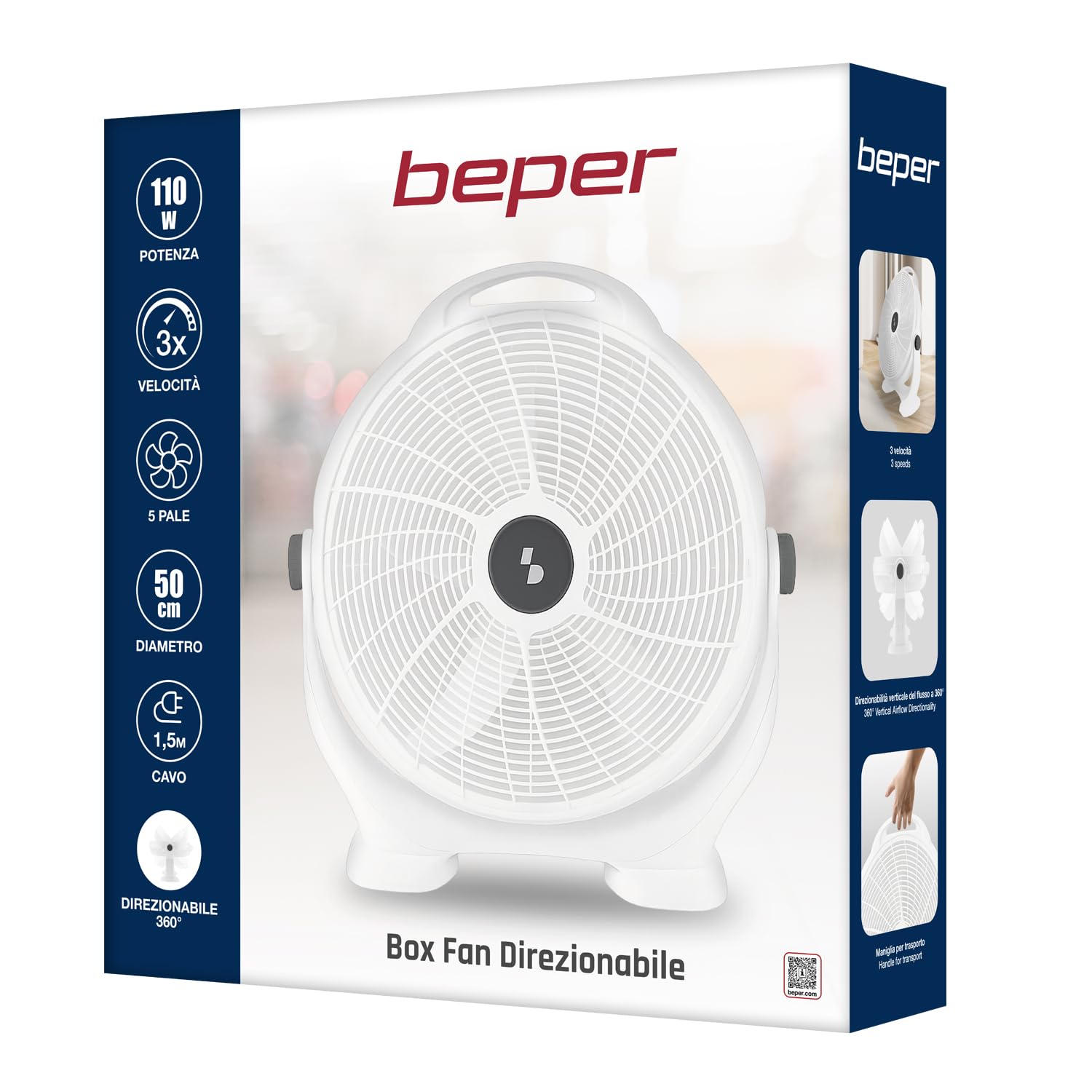 BEPER P206VEN561 Ventilatore da Pavimento 360° – Ventilatore da Terra con 5 Pale, 3 Velocità, Inclinazione Totale, Maniglia per Trasporto, Potente e Silenzioso