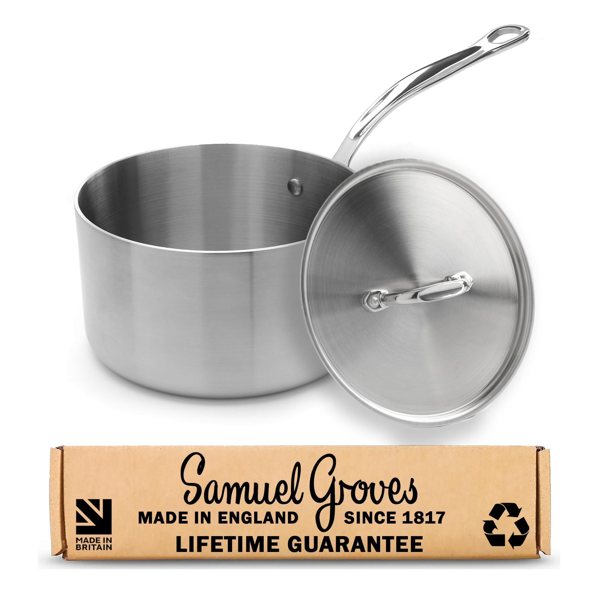Samuel Groves 20cm Stainless Steel Saucepan with Lid, Tri-Ply Induction Sauce Pan, Oven Safe Professional Cookware, Uncoated Metal Pan for Gas, Electric & Ceramic Hobs, Made in England Since 1817