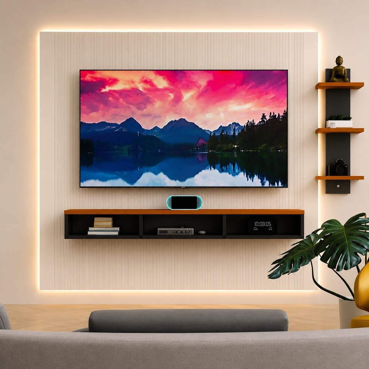 Floating TV Unit with Wall Shelves, Black and Walnut | Wall-Mounted Design, 3 Open Compartments, Side Display Shelves, Living Room Furniture, Modern Two-Tone Finish-image-15