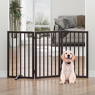 Tall Dog Gates for Doorways, Foldable Dog Gate Indoor, Freestanding Pet Gates for Doorways Bedroom, Puppy Gate with Metal Support Feet, Room Divider,3 Panels (browm)