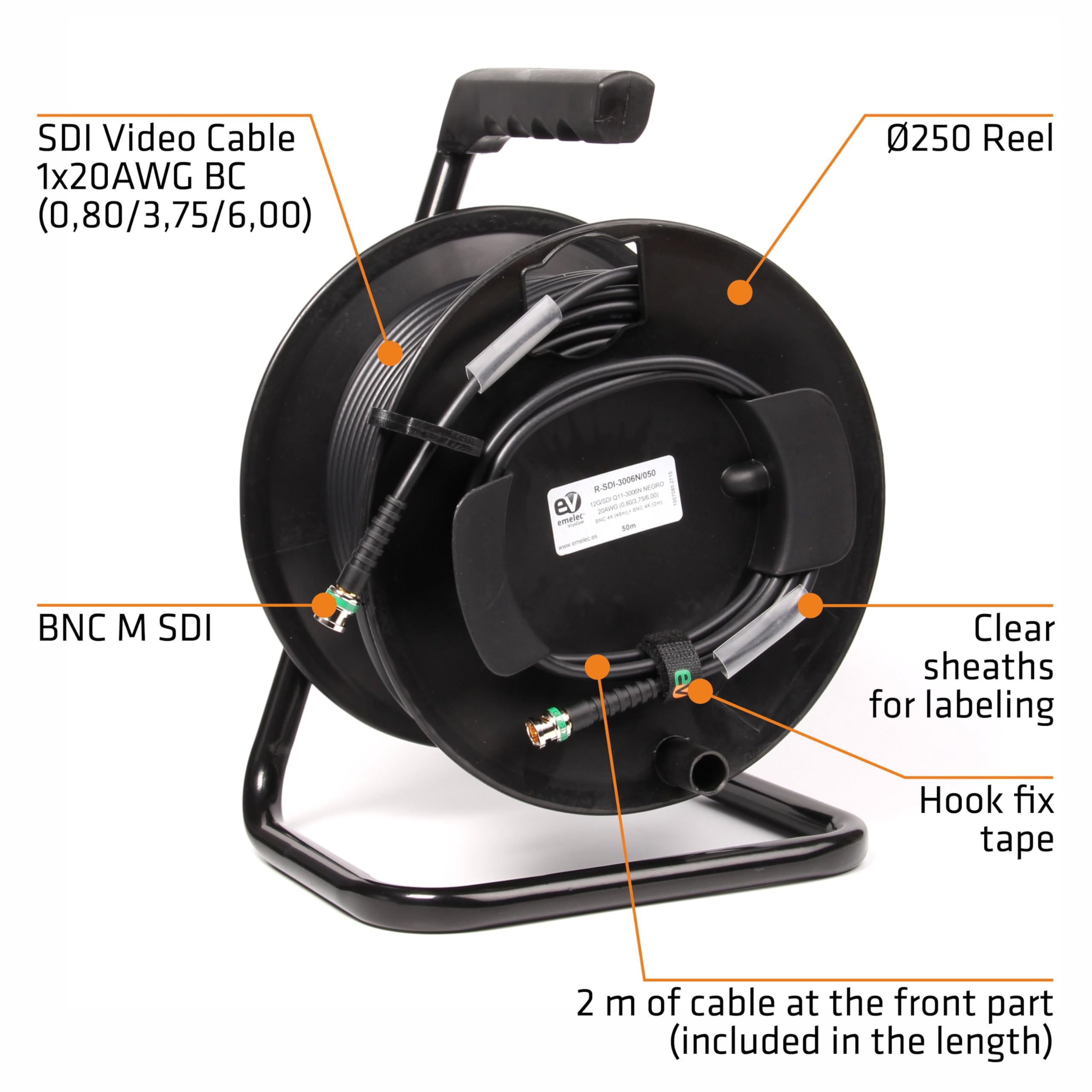 R-SDI-3006N/050-50m Cavo Video 4K-UHD 12G-SDI (0.8/3.75/6.0) Montato su Portacavi con BNC 4K-UHD - Driver Unifilare - Colore Nero - PVC flessibile