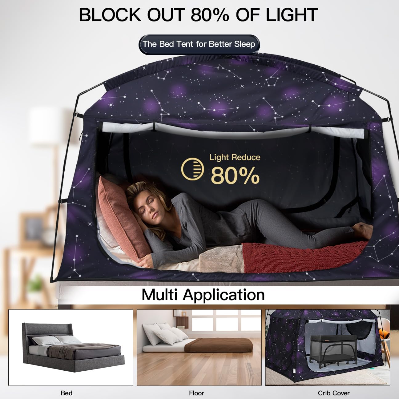 Tente de lit, auvent de lit portable, occultant, 90 % rideaux pour enfants et adultes, tente intérieure avec grandes fenêtres en maille respirante