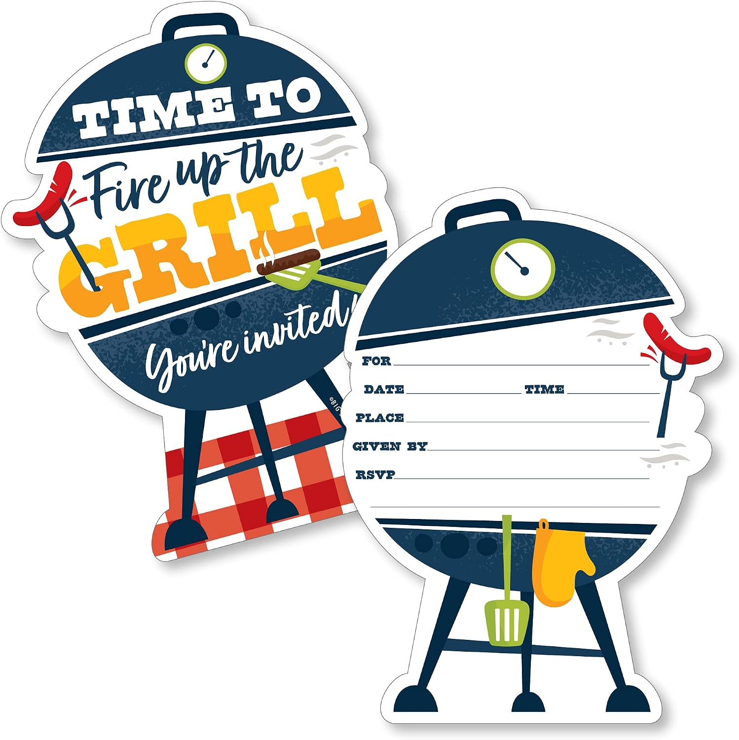 Big Dot of Happiness Fire Up the Grill - Shaped Fill-In Invitations - Summer BBQ Picnic Party Invitation Cards with Envelopes - Set of 12
