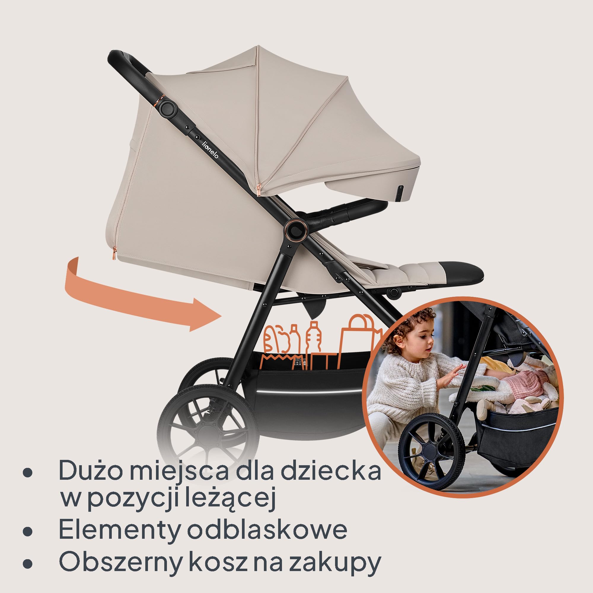 LIONELO IVA Spacerowy Wózek Dziecięcy do 22 kg od 6 m do 4 lat Obrotowe Koła 360° Pełna Amortyzacja Regulacja Rączki Oparcia i Podnóżka Daszek XXL UPF50+ Materiał Premium
