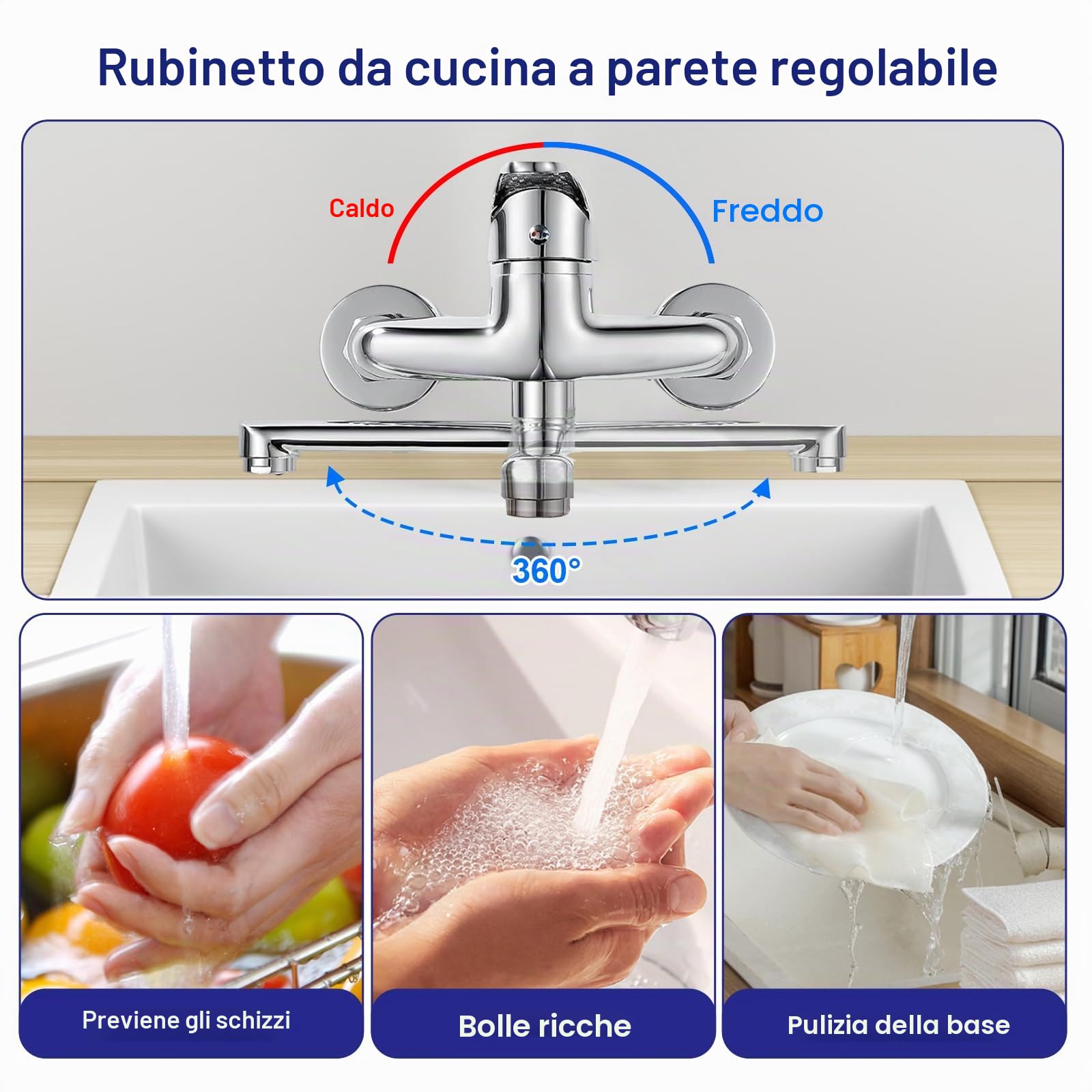 Yolispa Rubinetto da Cucina, con beccuccio Girevole (6, 3) Freddo e Caldo Miscelatore a Parete monocomando, Montaggio a Parete per Acqua Fredda e Calda