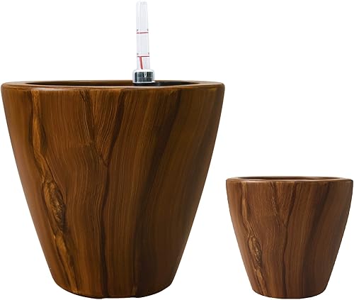 Catleza Juego de 2 macetas ecológicas de autorriego inteligente para interiores y exteriores, redondas, madera de imitación