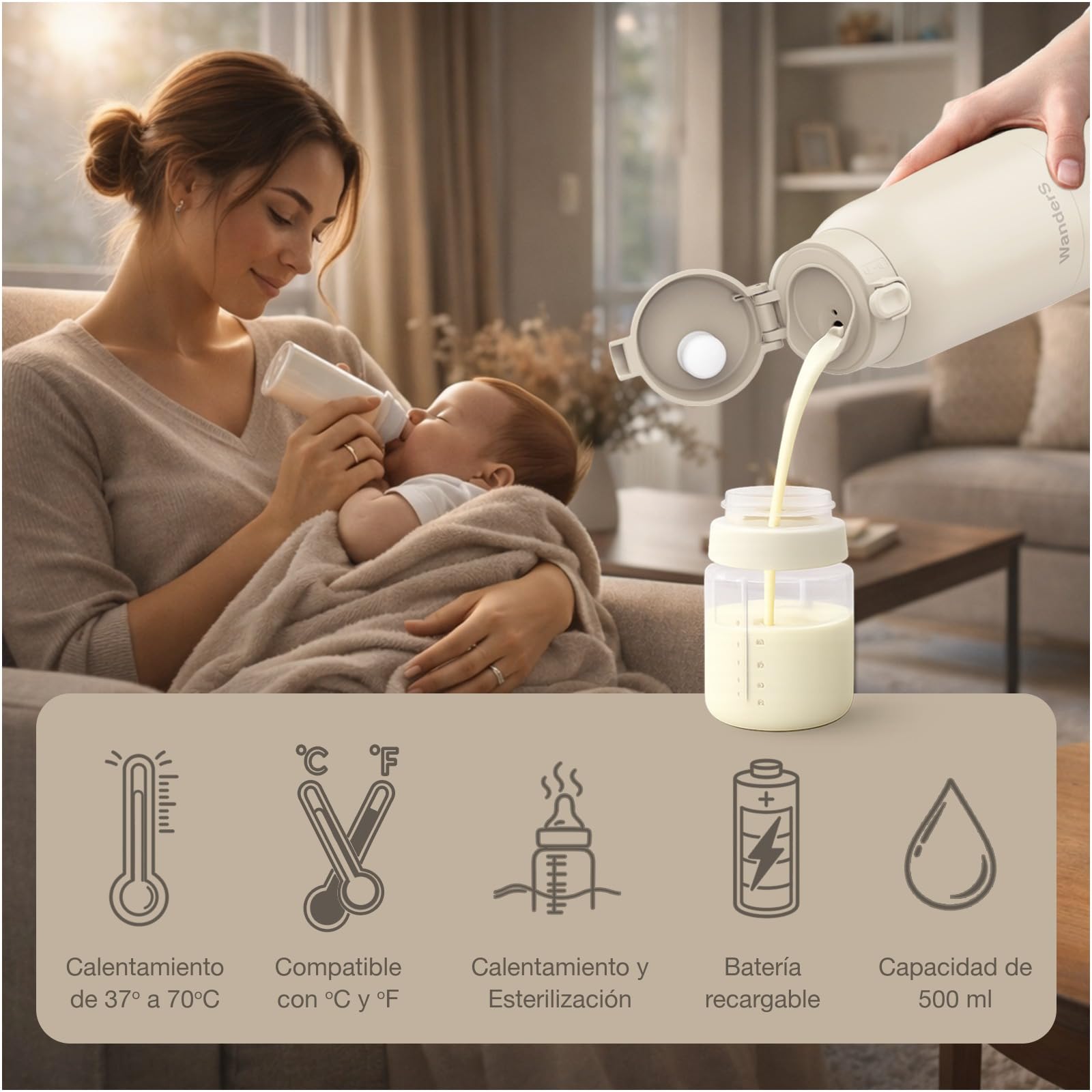 Calienta Biberones Portátil de WanderS – 500ML Calentador de Biberones para Viaje - Control de Temperatura, Esterilización, Acero Inoxidable 316L, Carga USB-C, Impermeable IPX6 y Bloqueo de Seguridad