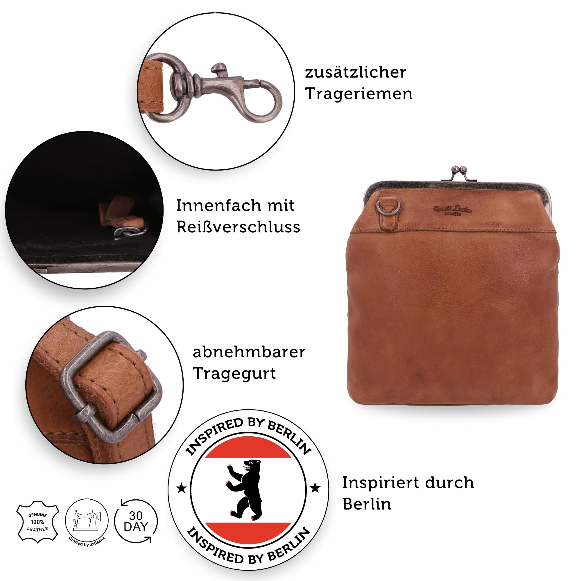 Gusti Leder Handtasche Damen Mittelgroß Echtleder – Vintage Umhängetasche Leder Braun Kratzfest Verstellbarer Riemen Alltag Reise Stadt Ausgefallene Handtaschen