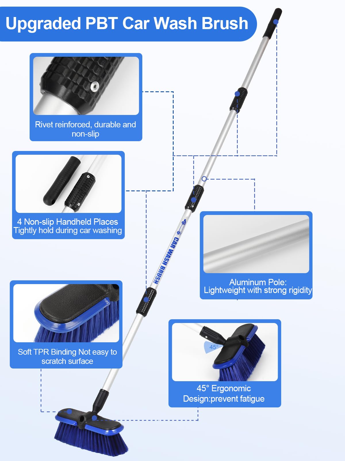 Brosse De Lavage Voiture Avec Manche Télescopique 62-156 Cm - Poils PBT Souples, Tête Large 25 Cm, Pour RV SUV Bateau