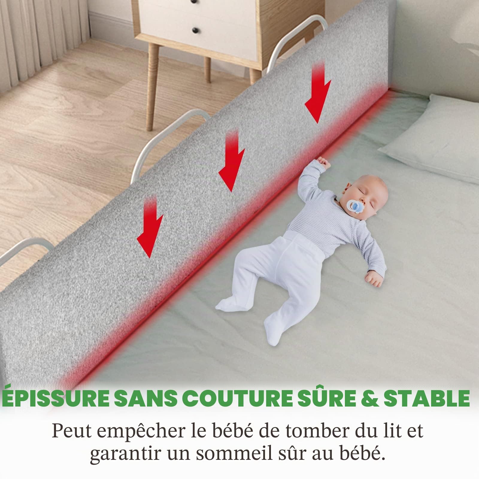 Froadp Barriere de Securite Enfant Lit Protection Antichute Lit Réglable en Hauteur Protection du Bord Lit avec Fermeture Éclair et Bouton-Pression Barrières de Lit Portables (100cm, Gris Lin)