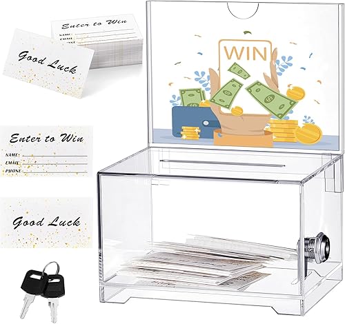 Teling Caja de donación alta de acrílico con candado y placa de letrero, caja de sugerencias segura con placa de letrero y 100 tarjetas de boletos