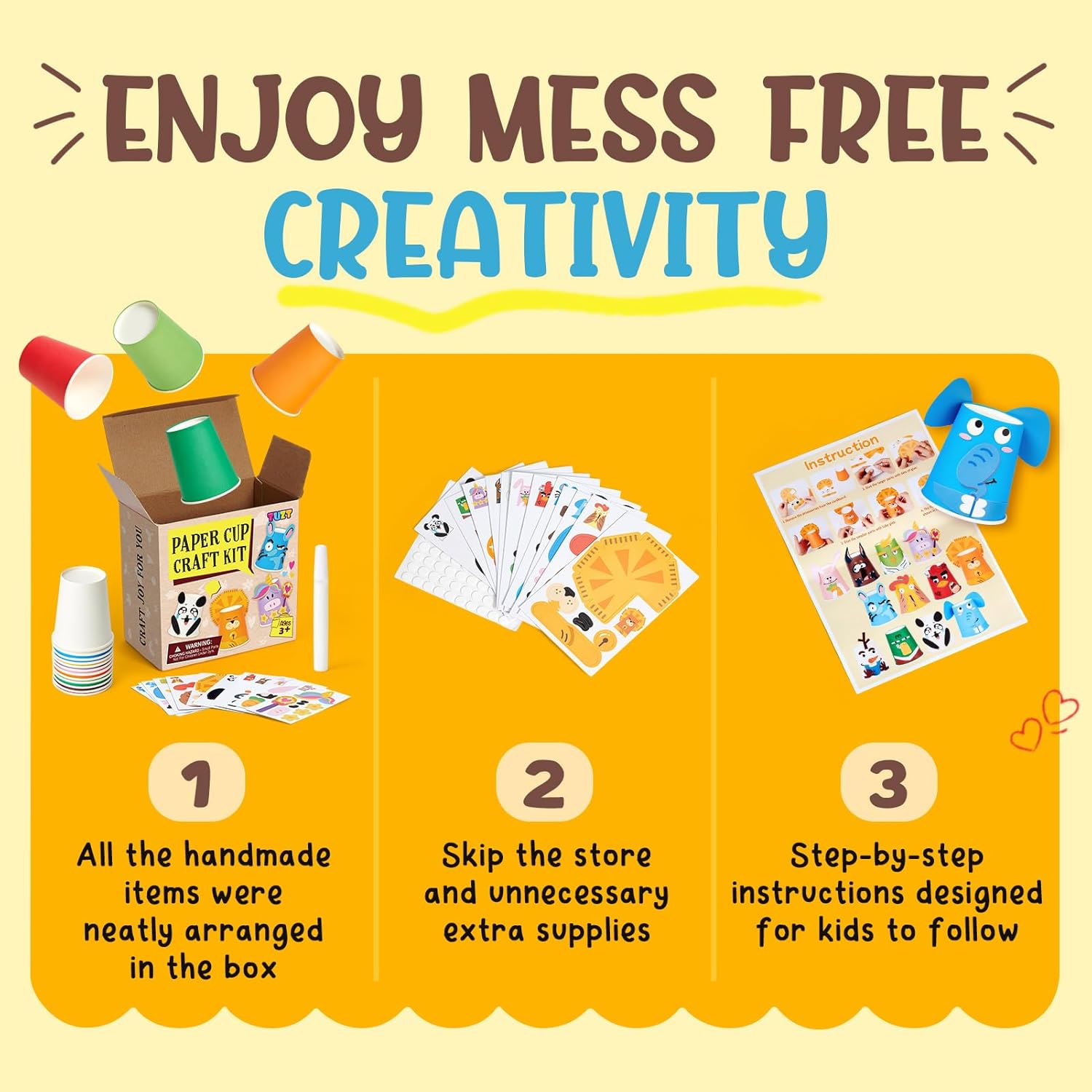 TUZT 12 Pack Arts and Crafts for Kids, Toddler Paper Cup Craft Kit with 12 Cute Cartoon Animal Projects, DIY Gifts Birthday Party Fun Preschool Classroom Activity for Girls & Boys Ages 3-8 8-12