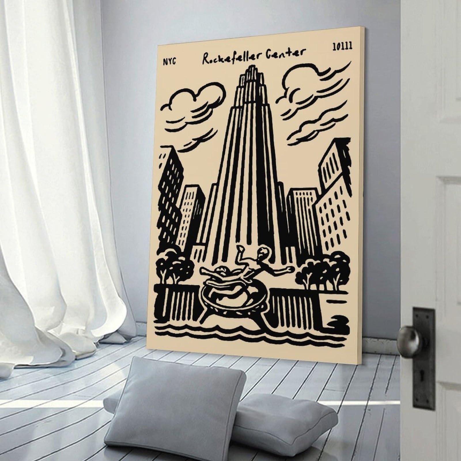 Junmoney Rockefeller Center Art Deco Illustration Hanging Wall Art 08x12inch(20x30cm), for Feature Walls in Flats Or Modern Rooms, Home Wall Art for Statement Displays
