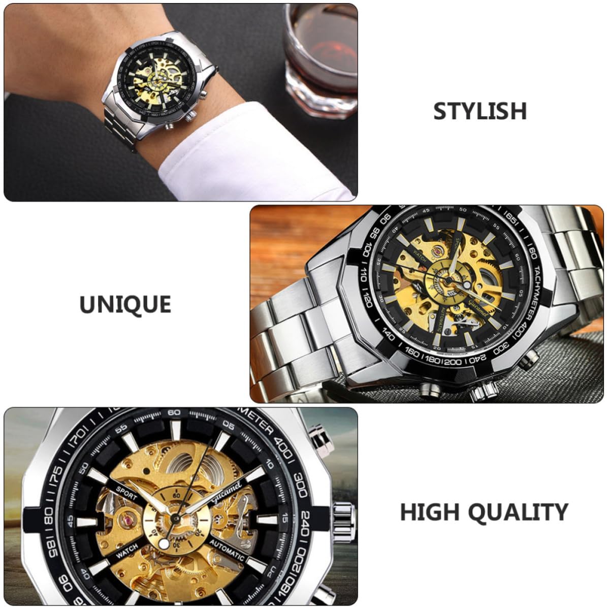 PRETYZOOM Reloj Mecánico de Negocios para Hombre Esfera Luminosa y Agujas Grandes, Diseño Esqueleto en Aleación de Zinc, Adecuado para Asistir Ocasión