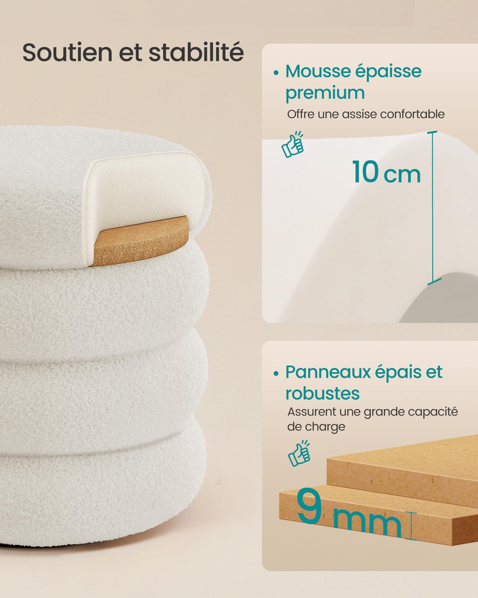 SONGMICS Tabouret de Coiffeuse, Pouf Rond avec Rangement, Repose-Pieds Rembourré, Couvercle Amovible, pour Salon, Chambre, Entrée, Montage Facile, 43 x 47 cm, Tissu Peluche Teddy, Blanc LOM015WD01