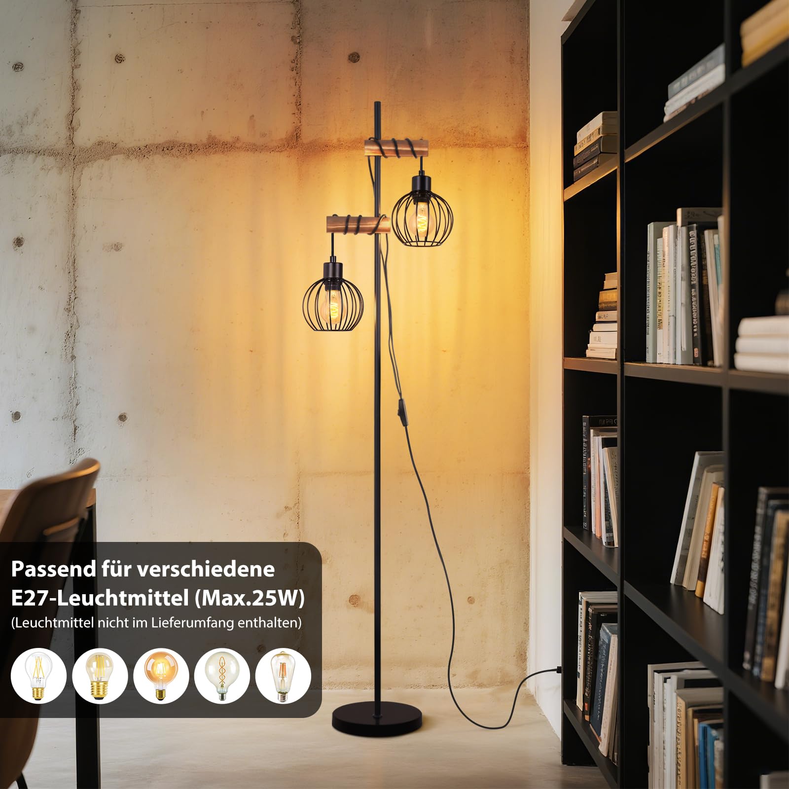ZMH Lampada da terra nera, lampada da terra per soggiorno in legno - lampada da terra vintage a 2 fiamme in design industriale in metallo con interruttore, attacco E27 152 cm (senza lampadina)