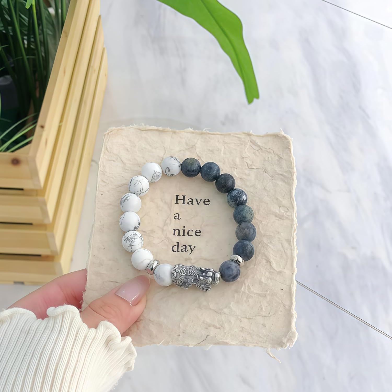 Feng Shui Bracele Sterling Silver, Protection Bracelets, Money Bracelet 10mm Natural Stone Elastic Wealth , Sun Falling White Pine Stone, Pi xiu Combination Jewelry, Talisman, Bring Good Luck and Prosperity, for Men's Birthday Gift - Image 2