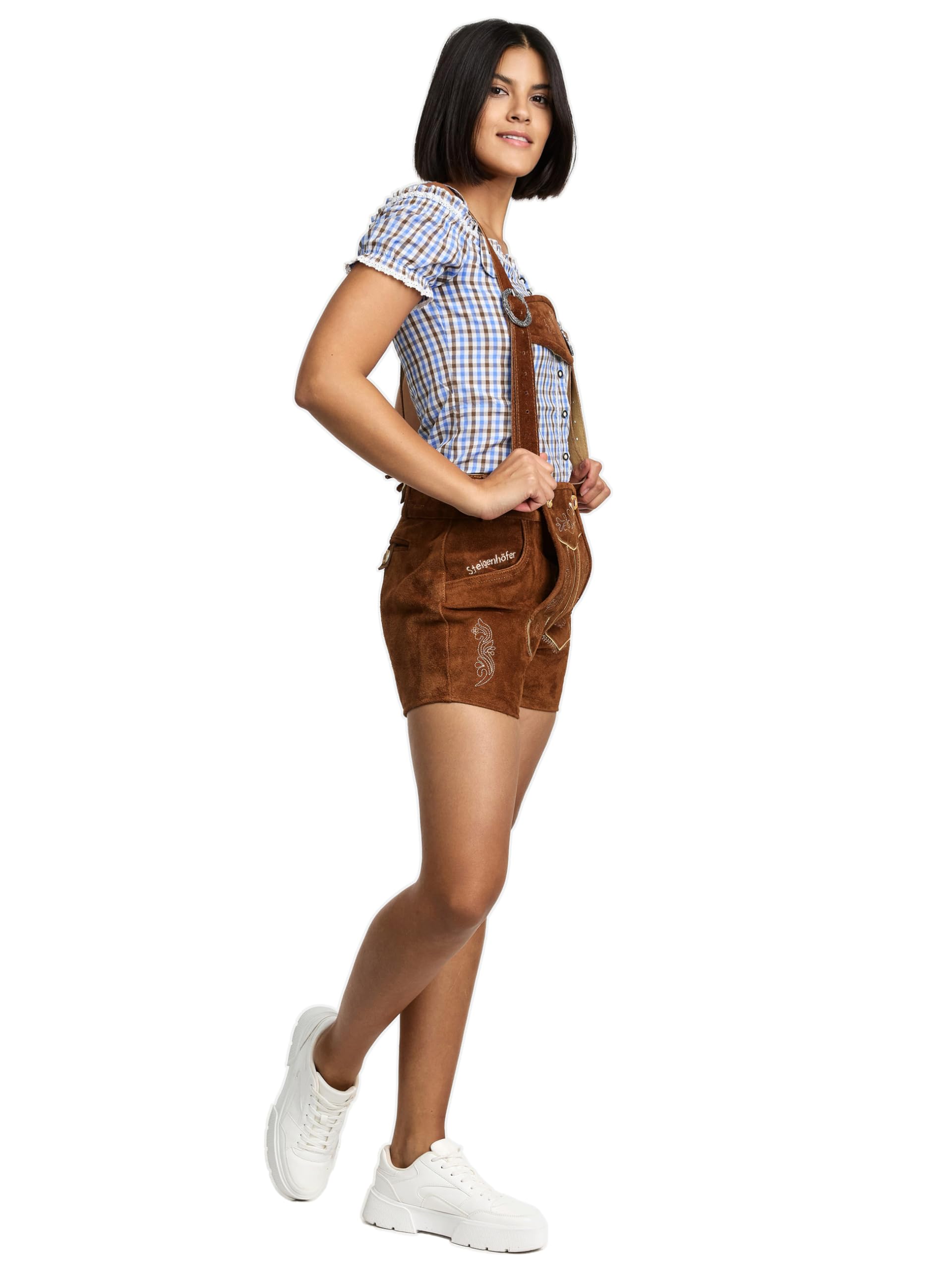 Steigenhöfer Lederhose Damen Tracht Shorts - 100% Rindsleder - Marina - Traditionelle Kurze Hose für Frauen Hot Pants - Inklusive verstellbaren Trägern - Dirndl Alternative