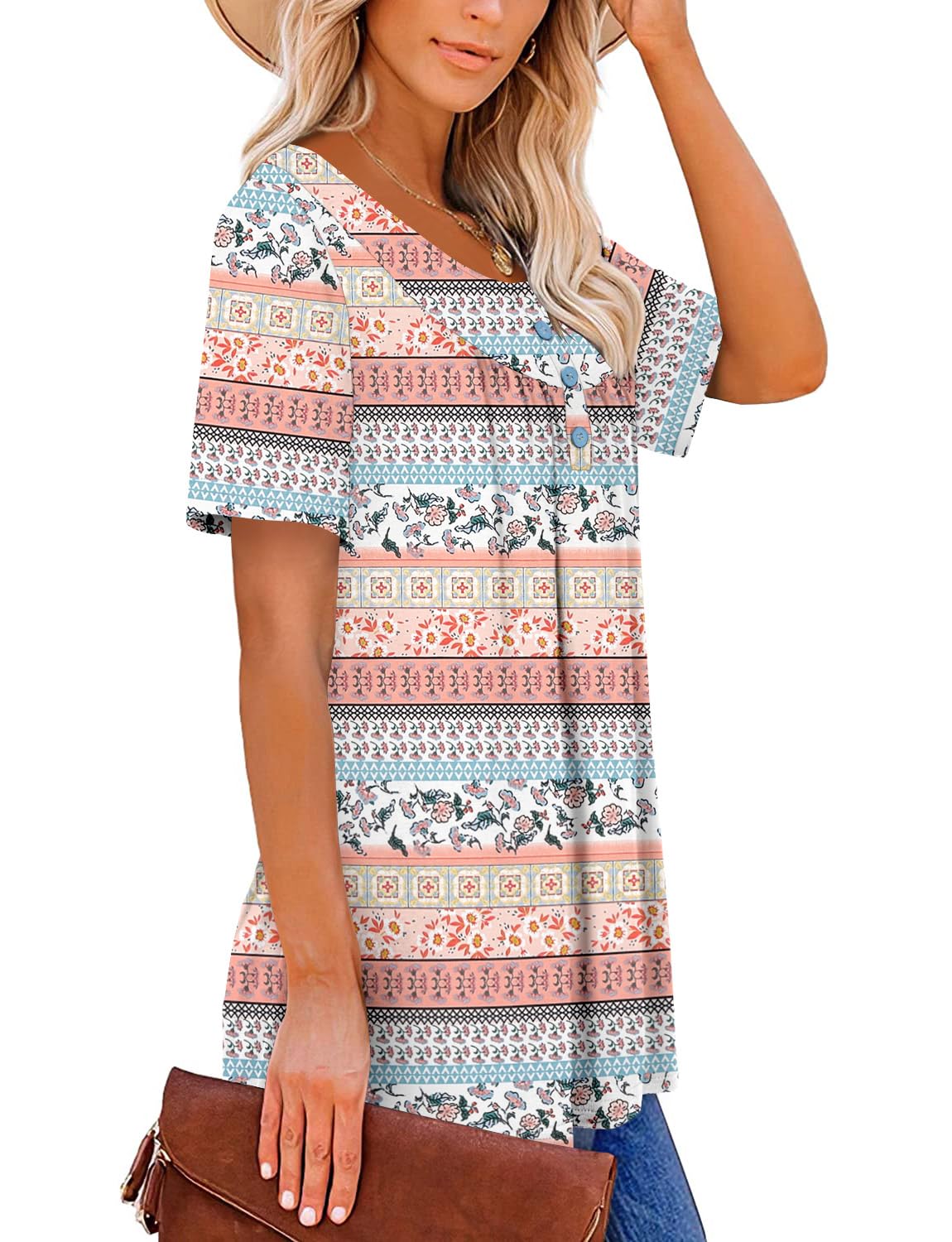 KISSMODA Ladies Pleated Tunic Tops for Women Buttons up Long Sleeve Shirts Floral Print — view 3