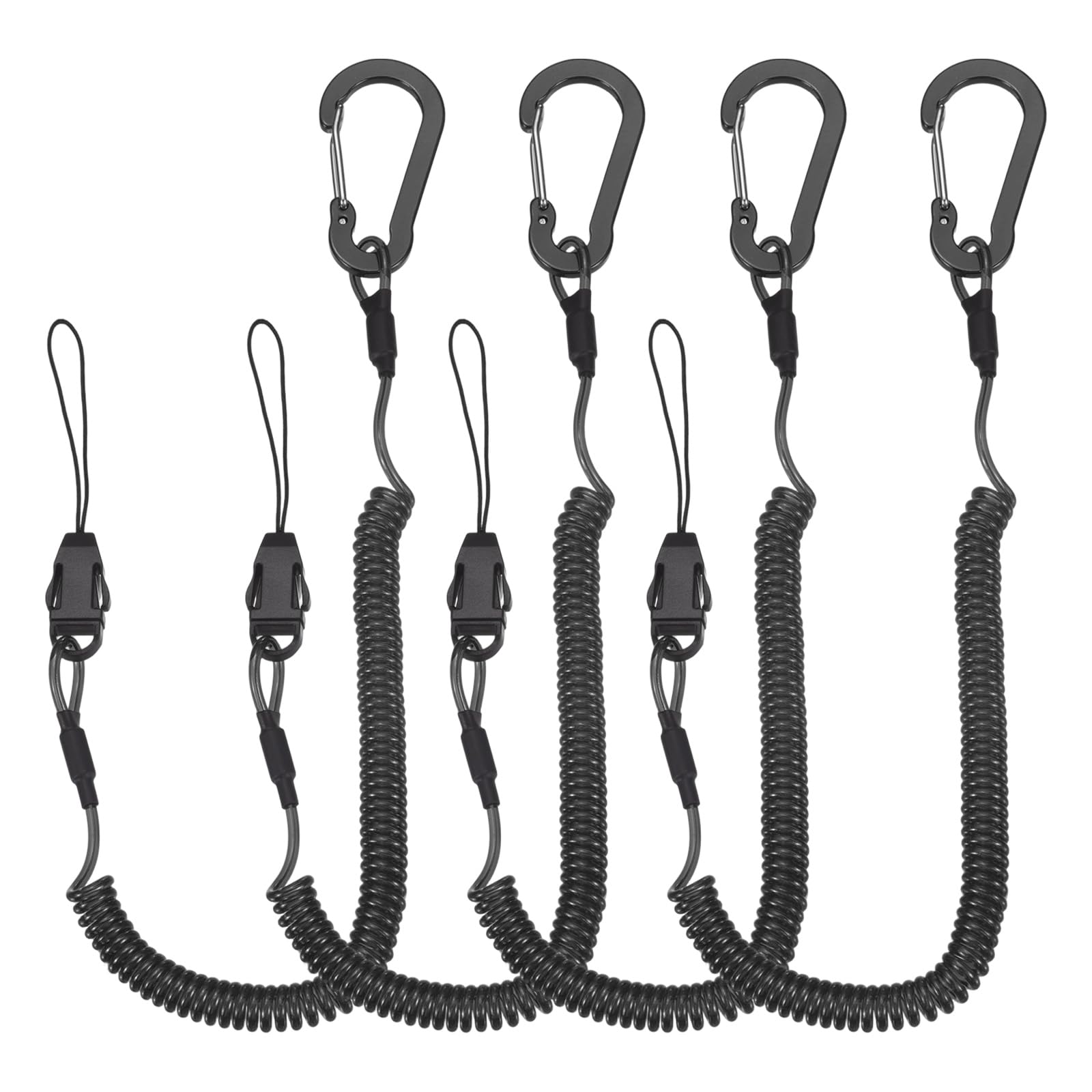 PATIKIL Fishing Lanyard, (1200mm Length, Black) (4Pcs), Retractable Coiled Tether Anti-lost Rope Coiled with Carabiners and Detachable Buckle, Suit for - Fishing/Hunting /Hiking/Boating