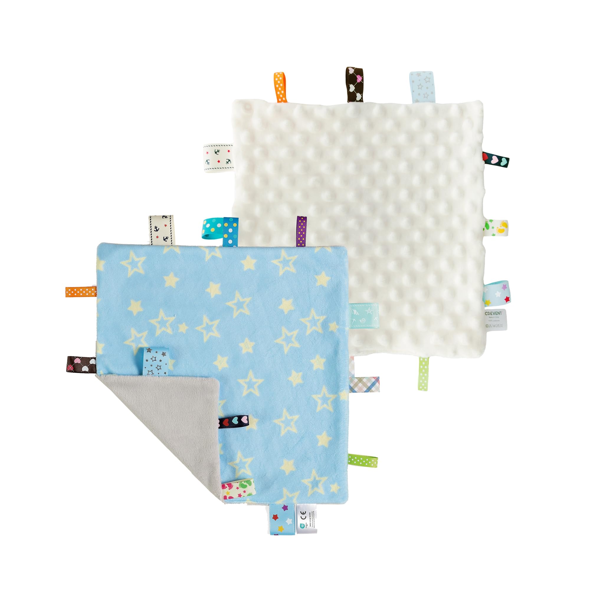 CREVENT Tag Security Blankets for Babies, Soft Small Loveys for Boys, Baby Comforter Sensory Blanket, Great Gifts for Birthday Baby Shower - 10"X10" Blue Star + Ivory