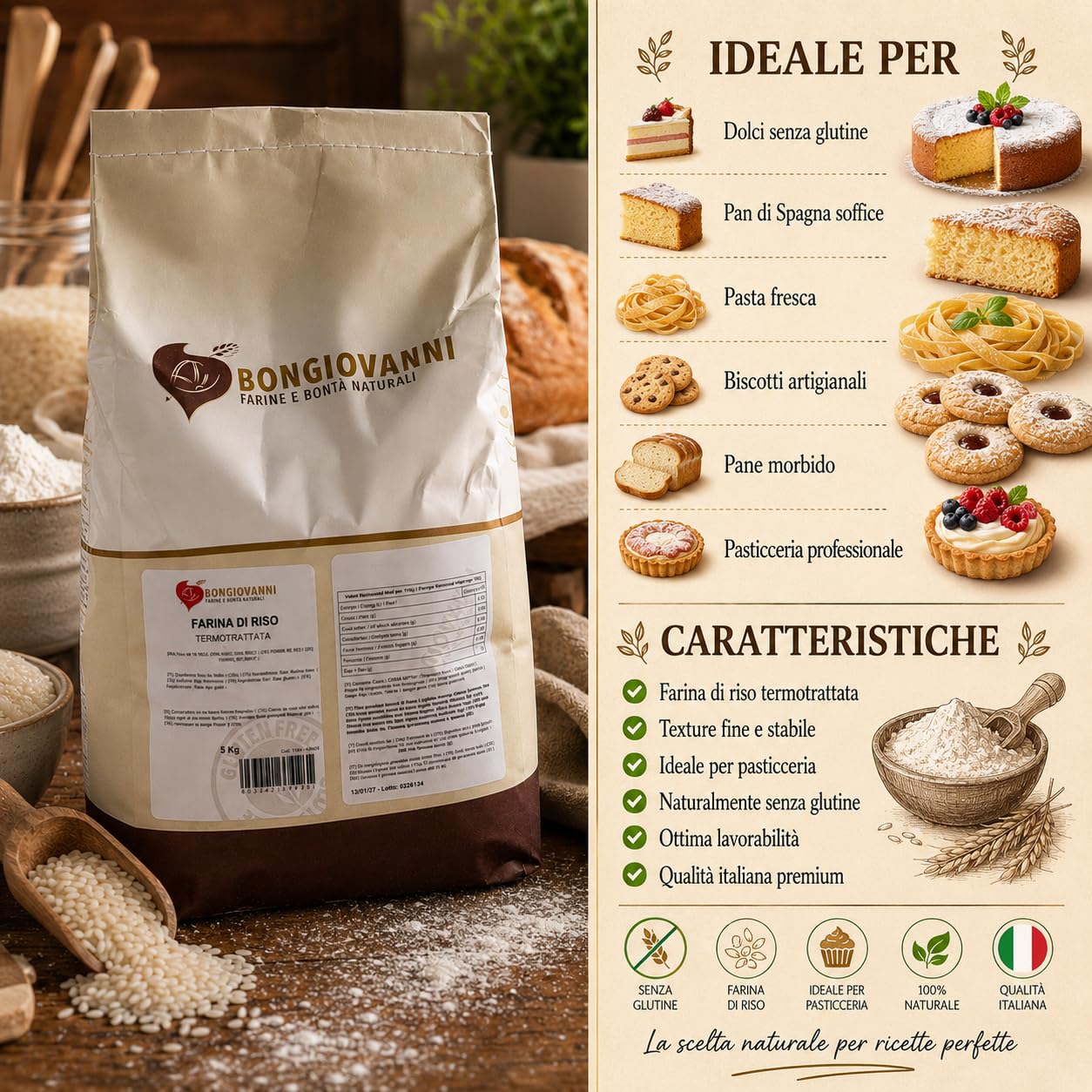 Bongiovanni Bontà Naturali Farine de Riz Traitée Thermiquement Sans Gluten Saveur Naturelle en Poudre 5 kg