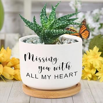 Missing You with All My Heart Ceramic Planter Planters for Indoor Plants with Drainage Holes and Saucers Planting Flower Pots for Home Office Desk Garden