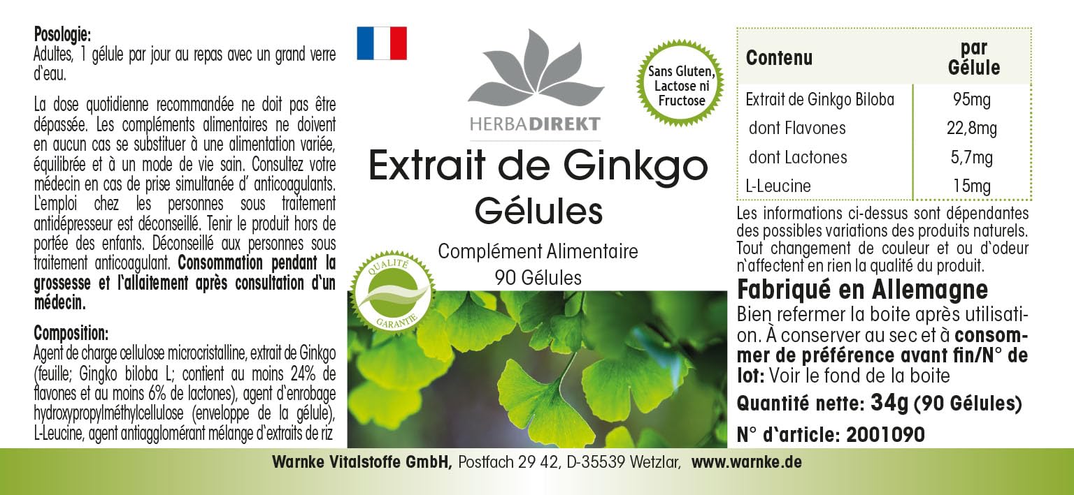 Estratto Ginkgo Biloba capsule 95mg - 90 capsule - almeno 24% di flavoni e almeno 6% di lattoni | HERBADIREKT by Warnke Vitalstoffe - Qualità da farmacia tedesca