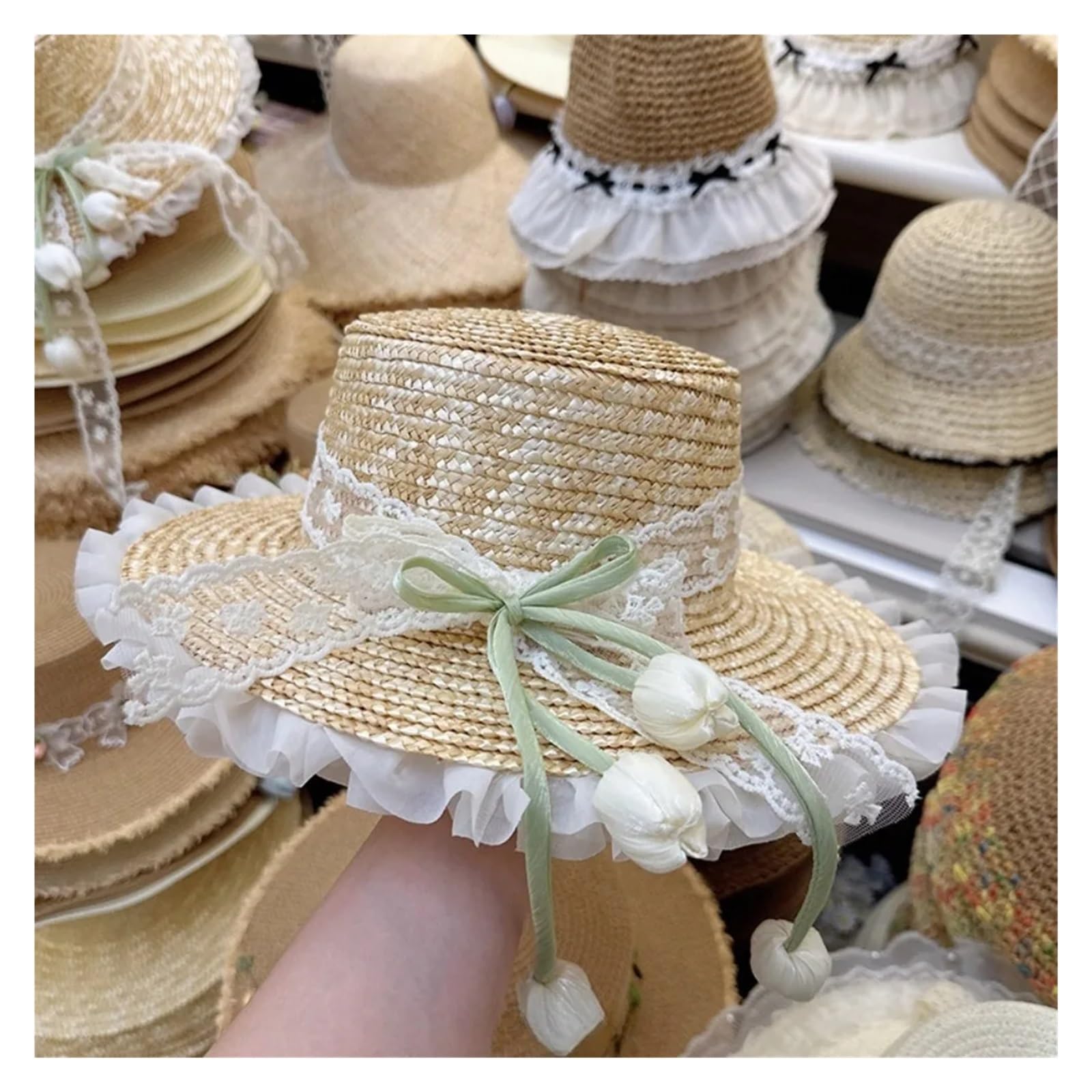 Sombrero de paja con flor lazo, ala ancha for excursiones al aire libre en la playa primavera y verano