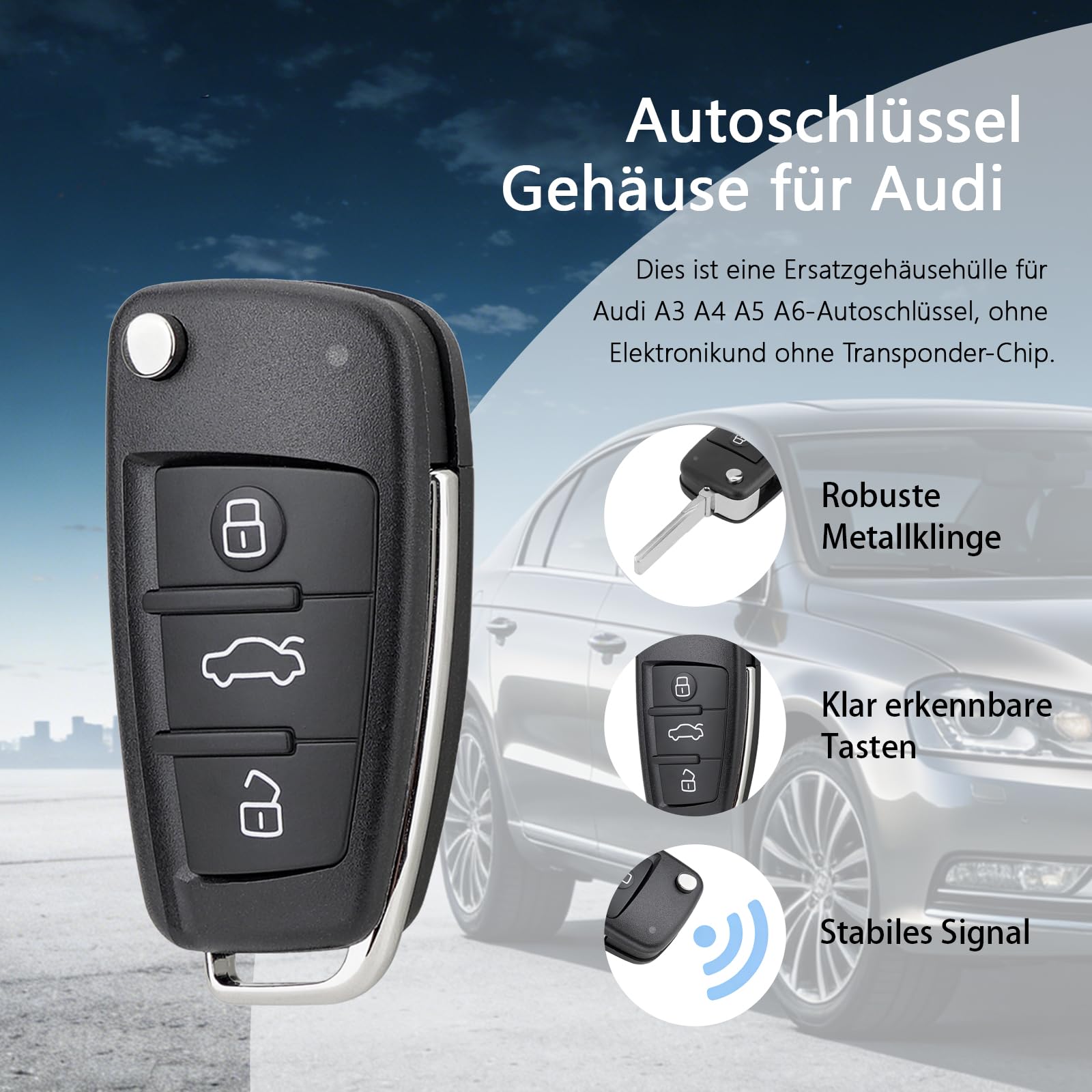 Funkschlüssel 433MHz für Audi A3 A4 A5 A6 A6L A8 Q3 Q5 Q7 TT S3 S4 S5 RS B6 B7 C5 C6, Autofernschlüssel ID48, Kompatibel mit 8P0837220D 8P0837220Q 8P0837220K