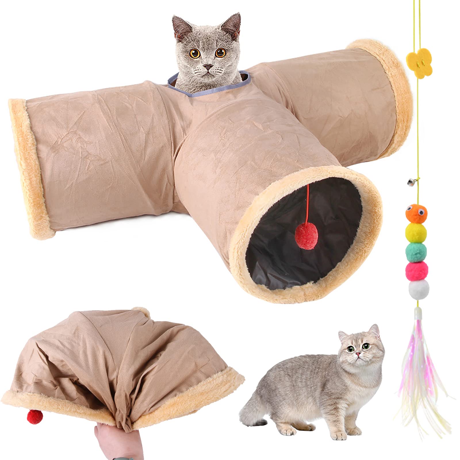 Túnel para Gatos Plegable, Juguete túnel de Gato en Gamuza, Juguete con Pompón y Colgante para Gato, Gran túnel para Gato de Interior Conejos, para Gatos,Cachorros,Conejos,Cobayas (T- Caqui)