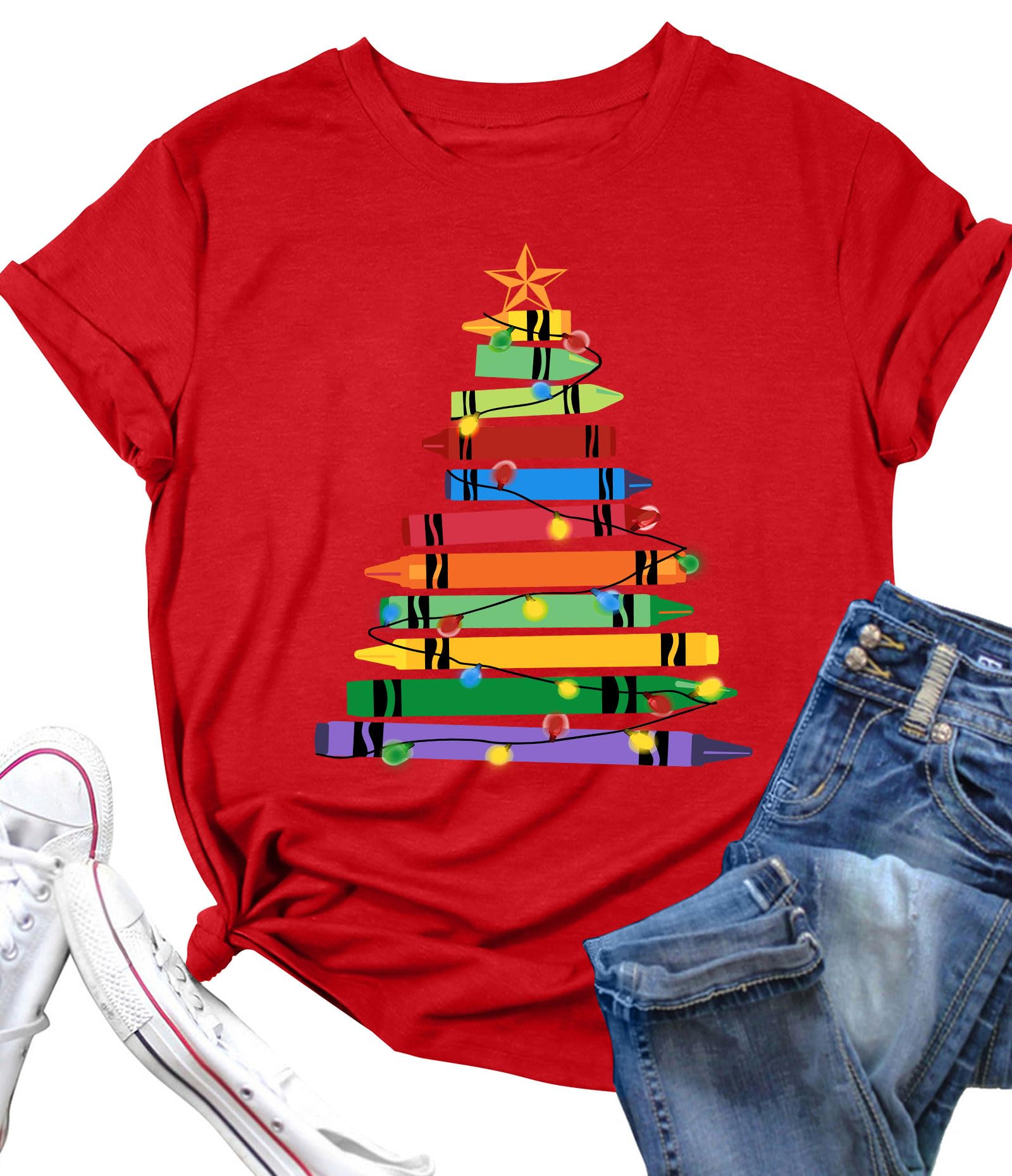 Ithalt Christmas Tree Tshirt Women Christmas Books Shirt Teacher Xmas T-Shirt Book Lovers Gifts Holiday Tees Tops
