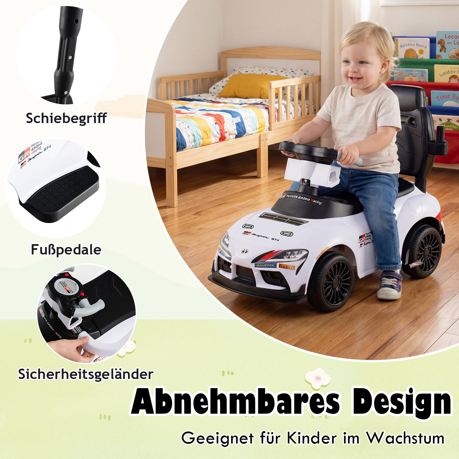 GOPLUS 3 in 1 Schiebeauto, Rutschauto Toyota mit verstecktem Stauraum & Musik, Rutschfahrzeug mit Schiebestange, Kinderfahrzeug für drinnen & draußen für Kinder von 18–60 Monaten (Weiß)