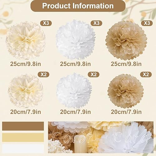 Miniatura 3 de SUNBEAUTY 15 PCS Champagne Tissue Paper Pom Poms, Neutral Party Decorations,Creamy White Paper Flowers for Engagement Receptions, Wedding ,Birthday,