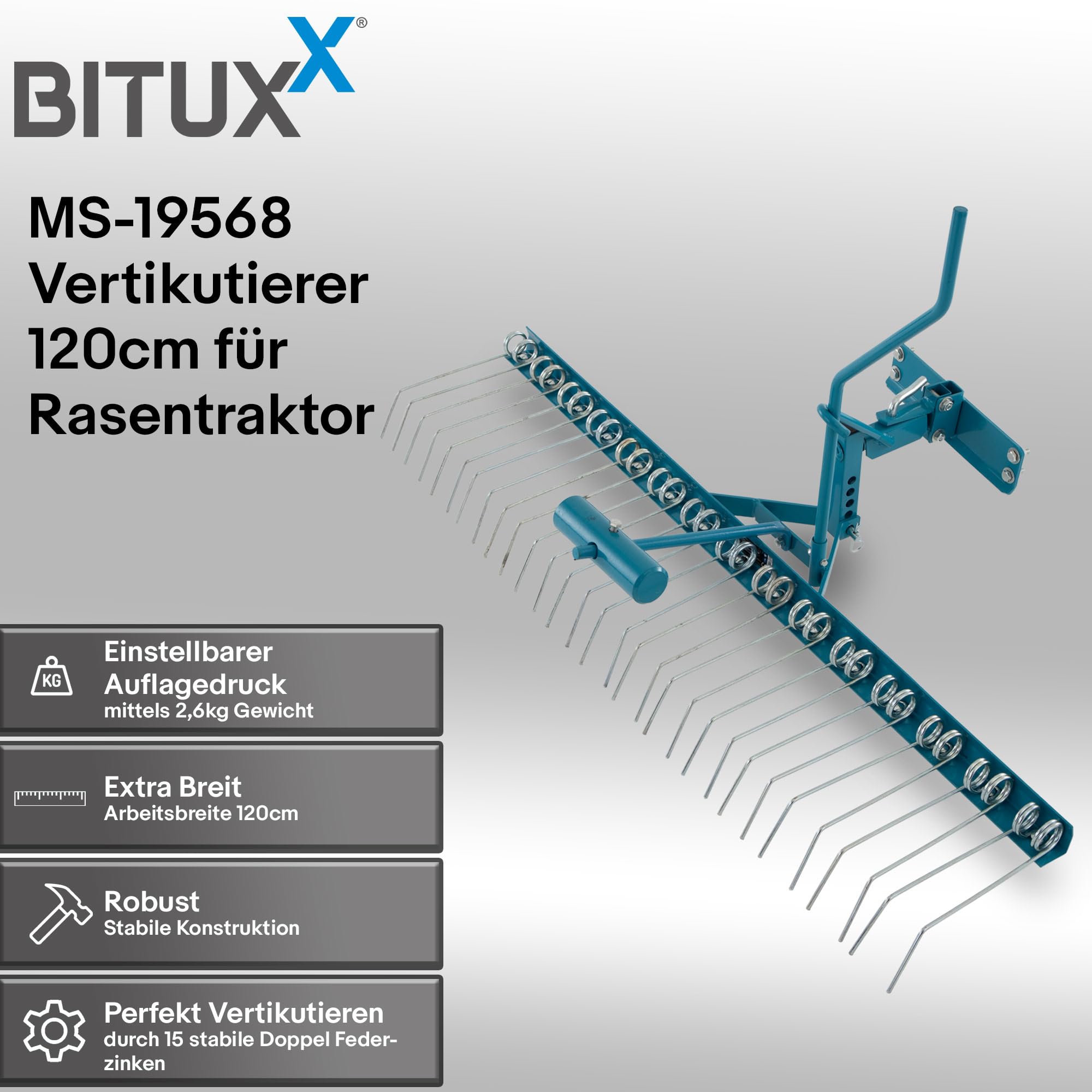Bituxx Rasenstriegel Vertikutierer Rasenlüfter Entmooser Rasenkamm für Aufsitzmäher Rasentraktor ATV 120cm
