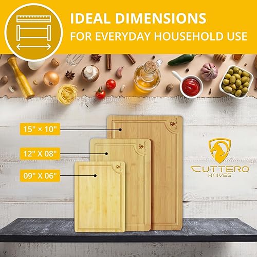 Miniatura 2 de Juego de 3 tablas de cortar para cocina, tablas de cortar de bambú, tablas de cortar con ranuras para jugos, tabla de cortar gruesa para carne,