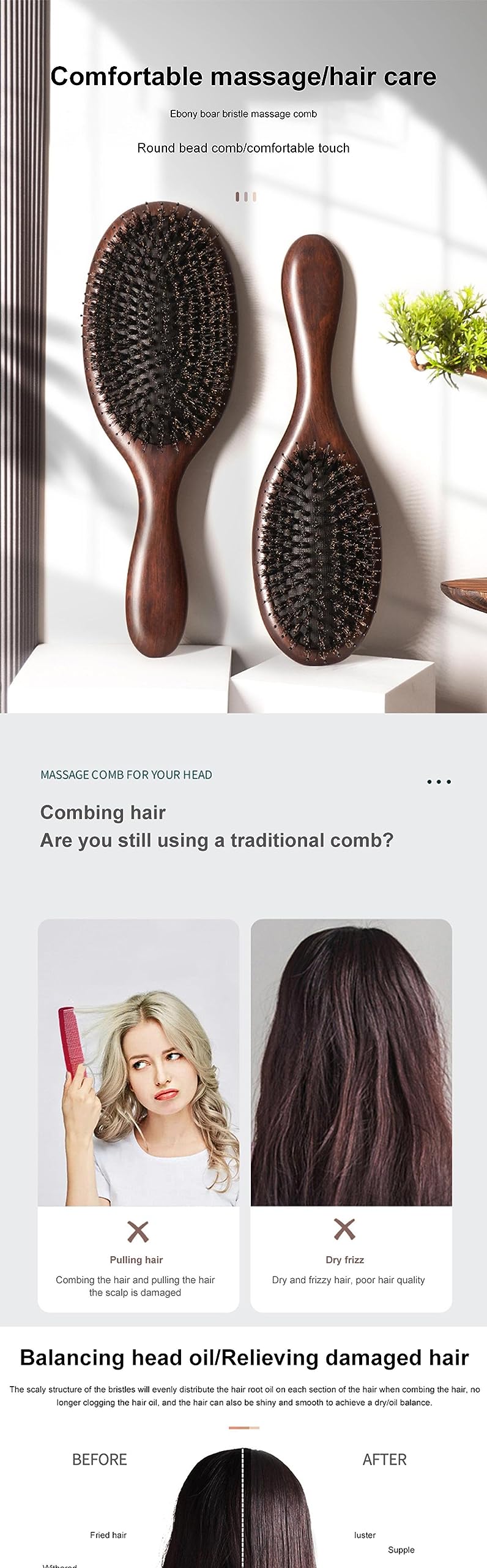 Haarbürste Wildschweinborsten Bürste Holz Haar Pinsel Trocken Nass Entwirren Holz Kämme Für Frauen Barber Paddel Kopfhaut Massage Pinsel model250X85MM
