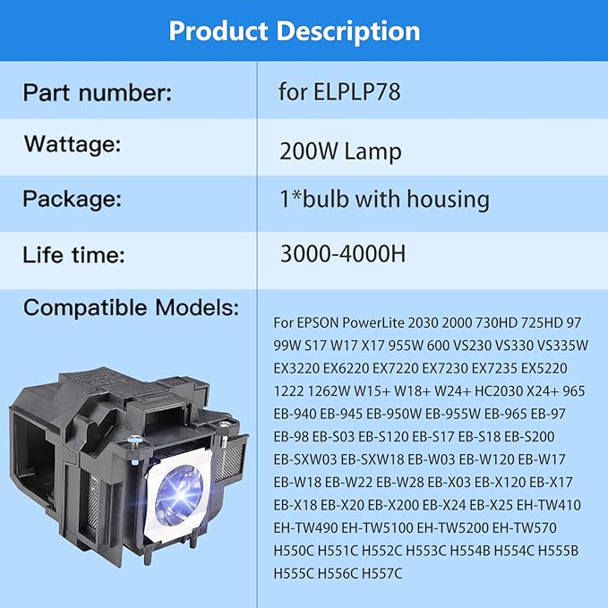 Lámpara de Repuesto SHIYUSYAA para Proyector EPSON ELPLP78 200W miniatura 4
