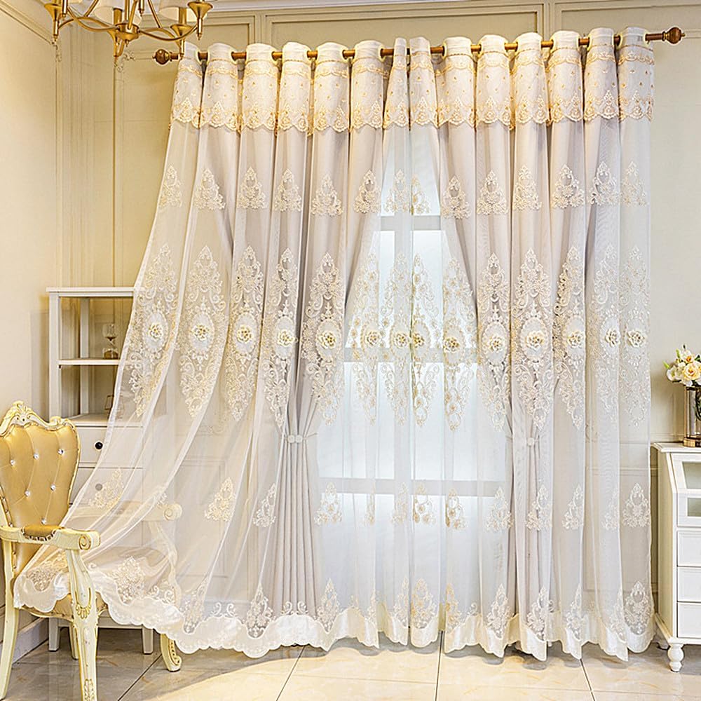 Amidoudou 1 Pair European Double Layer Curtains with Valance for Living Room Bedroom Luxury 3D Flower Embroidered Curtains (Beige,51x84 Inch)