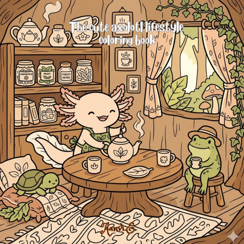 The Cute Axolotl Lifestyle Coloring Book: Cozy Forest Tea Time, Cute Woodland Adventures, and Relaxing Axolotl Scenes to Color