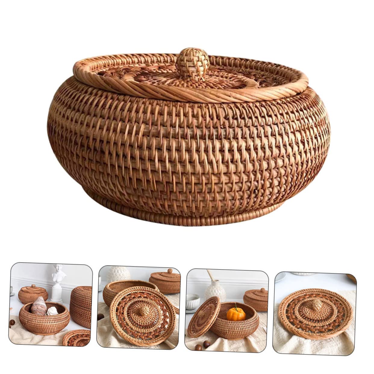Cestino Porta Dolci in Rattan Intrecciato a Mano Coperchio Ventilato, Robusto e Versatile per Conservazione di Snack e Frutta in Studio o Camera da Letto
