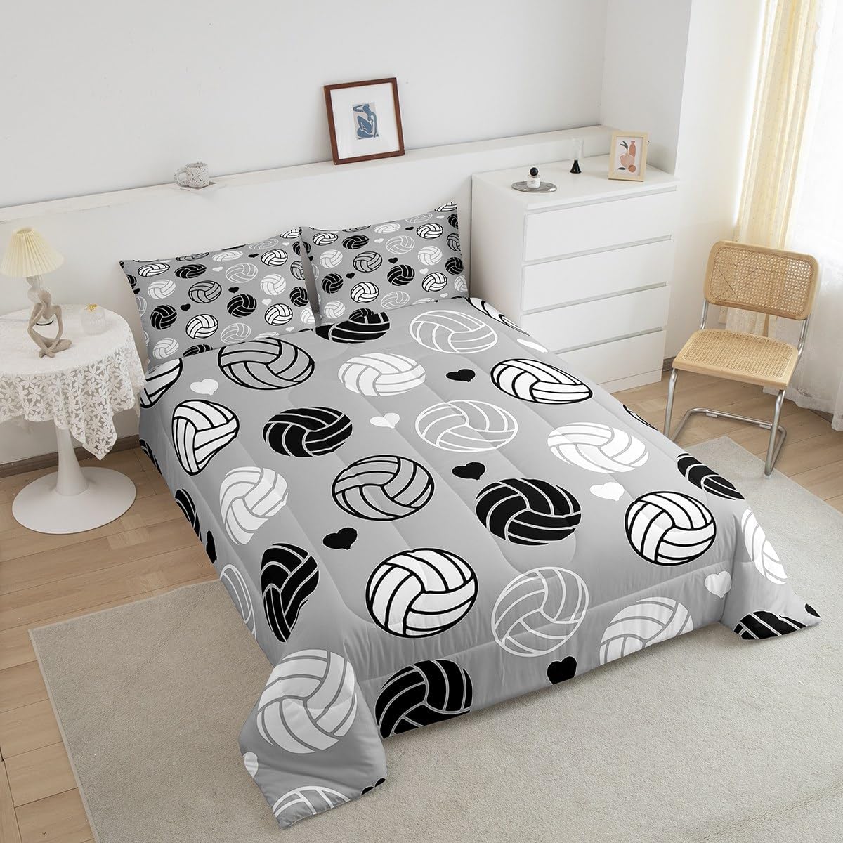 Feelyou Volleyball Comforter Set Full Size Volleyball Games Bedding Set Kids Boys Girls Love Heart Black White Geometric Stripes Ball Pattern Comforter Sports Theme Quilt Set